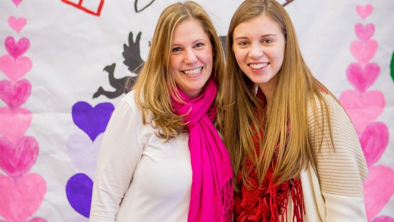 Assistant professor of special education Karen Rizzo, left, and Penn State Behrend student Morgan Yelverton helped plan the first Valentine’s Day Extravaganza for members of the Erie community.