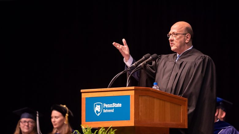 Vincent Intrieri delivers the commencement address at Penn State Behrend's 2018 spring commencement.