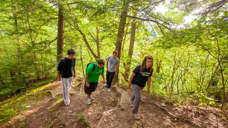 Four students hike through Wintergreen Gorge at Penn State Behrend.