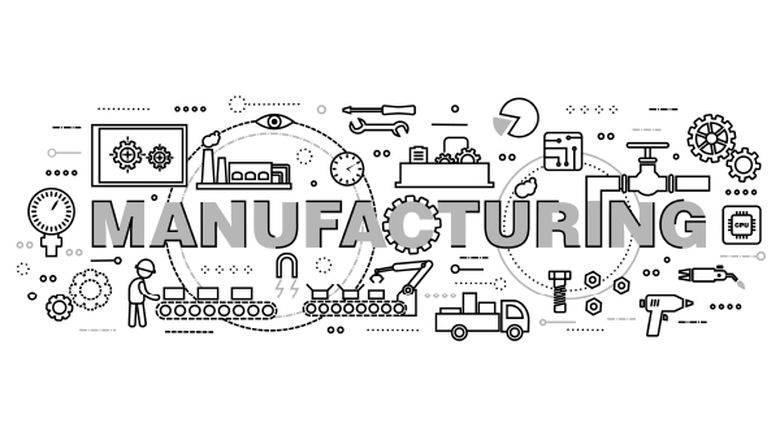 The word "Manufacturing" appears with representative symbols and illustrations of gadgets, tools, and equipment.