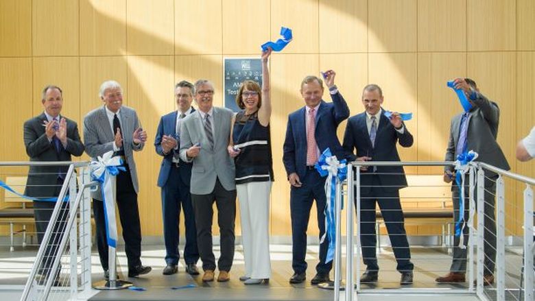 Partners in the MWRI-Erie initiative cut the ribbon to dedicate a lab at Penn State Behrend
