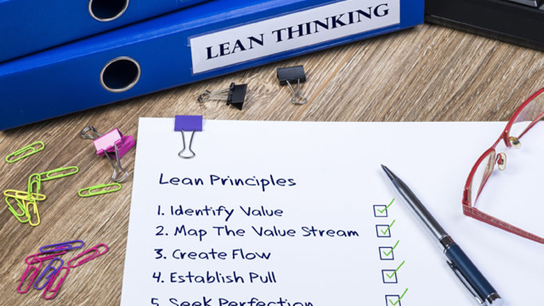 A document shows 5 lean principles: Identify Value, Map Value Stream, Create Flow, Establish Pull, Seek Perfection