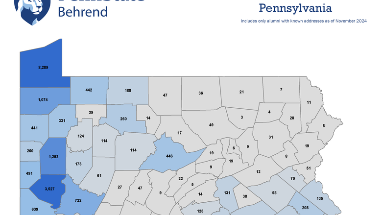 Behrend Alumni Map of Pennsylvania - See text under image for full description.