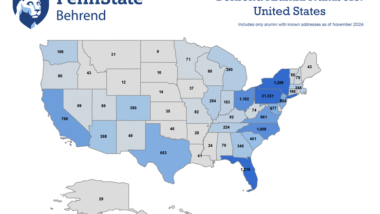 Behrend Alumni Map of USA - See text under image for full description.