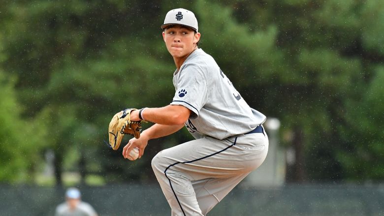 A pitcher for the Penn State Behrend baseball team prepares to throw the ball.