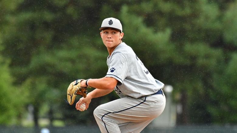 A pitcher for the Penn State Behrend baseball team prepares to throw the ball.