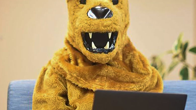 Lion mascot uses laptop while seated.