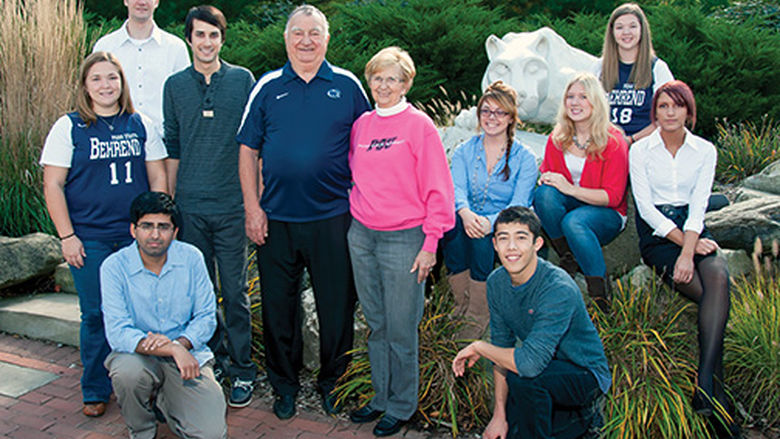 Joe and Isabel Prischak, center, surrounded by several recipients of the scholarships they have endowed at Penn State Behrend.