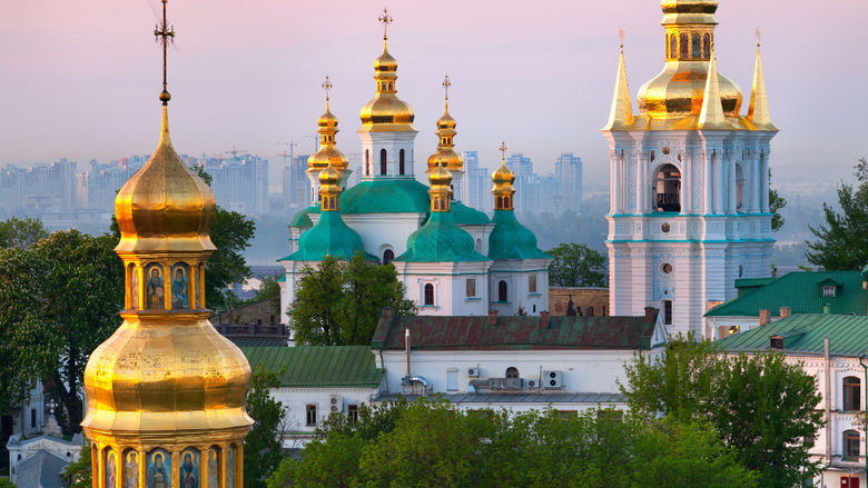A skyline photo that shows the tops of churches in Kyiv, Ukraine