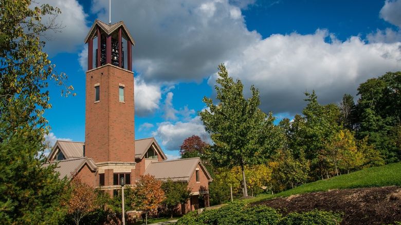 Smith Chapel and the Smith Carillon bell tower at Penn State Behrend