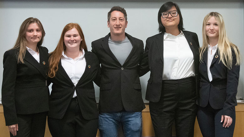Smeal Sustainability Case Competition student team members Rachel Matteson, Jenna Seigworth, Natthanan Nithithanatchinnapat, and Carolyn Magee, pose with Lance Breitstein, center, founder of the Impact Competition.