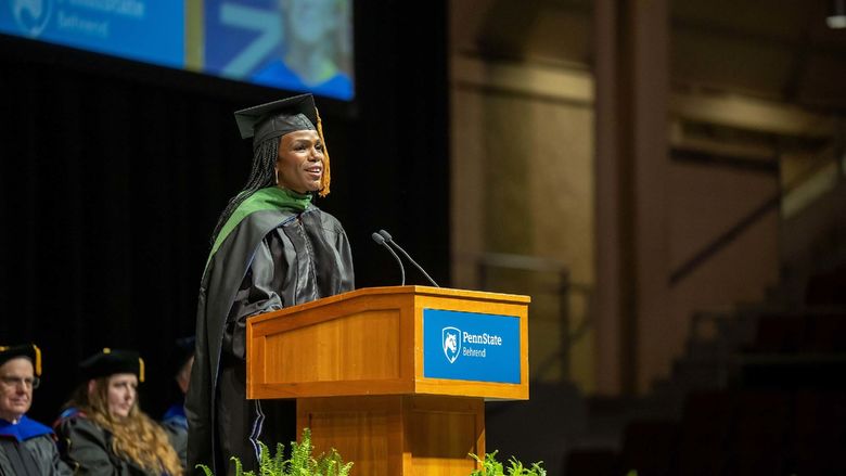 Dr. Ala Stanford gives the commencement address at Penn State Behrend's spring 2023 commencement ceremony.