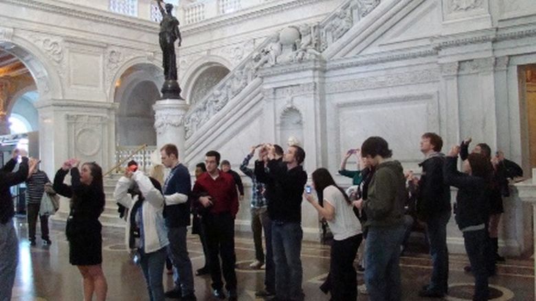 Students look up at the Library of Congress