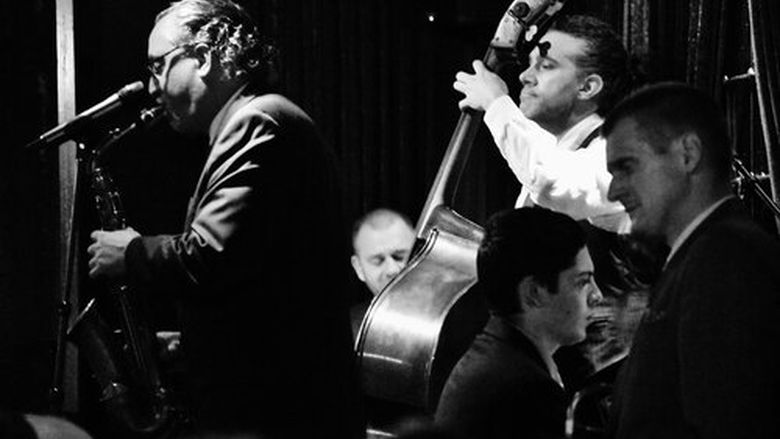 A black-and-white photo of the Boilermaker Jazz Band