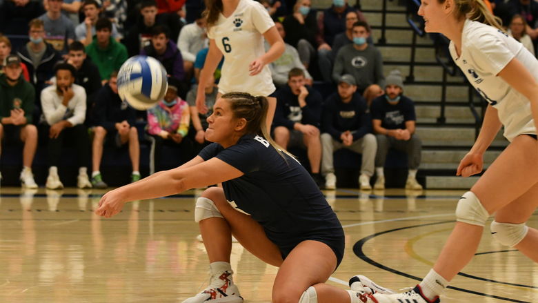 Penn State Behrend volleyball player Maddie Clapper hits a dig during a game.