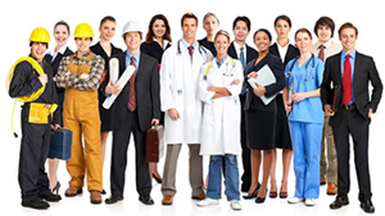 Group of people in different professional clothes from construction worker to doctor to office worker