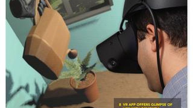 Engineering News - 2020 Cover featuring male wearing virtual reality goggles and 3D plant and watering can in background
