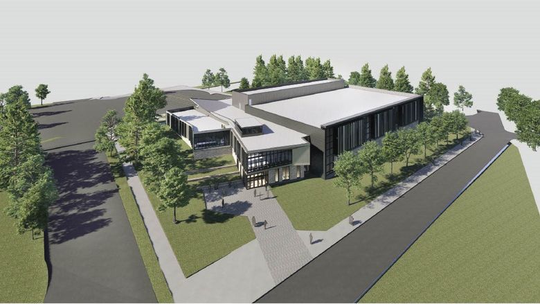 An architectural rendering of the new Erie Hall