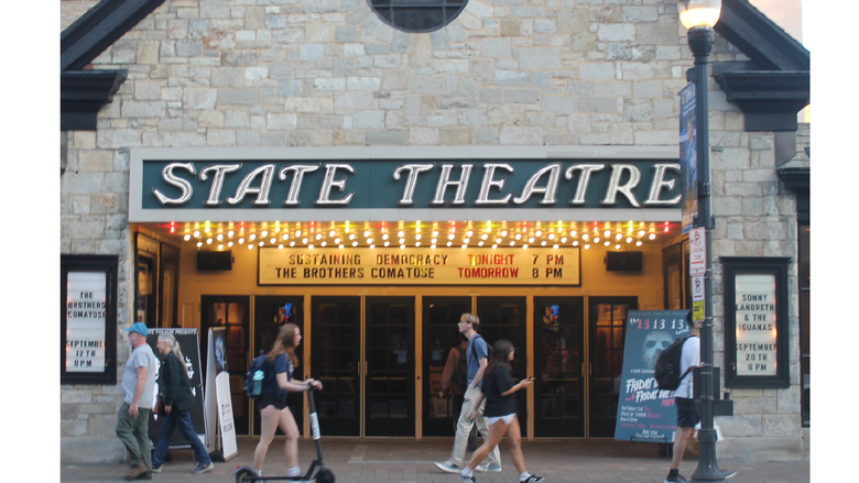 Exterior image of the front entrance to the State Theatre in State College