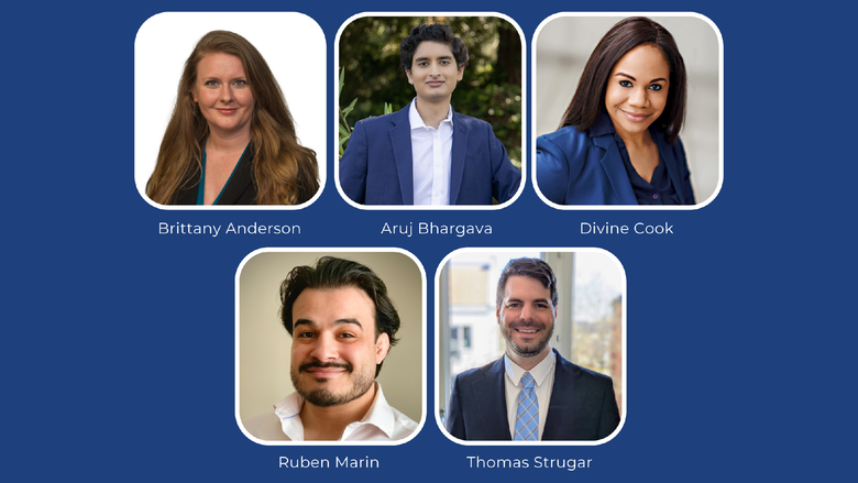 A graphic shows five headshots of students who received scholarships.
