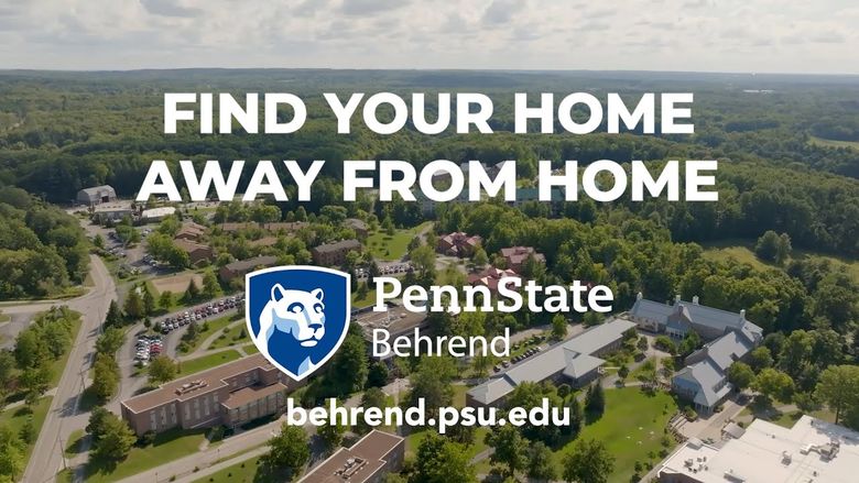Find your home away from home at Penn State Behrend, with aerial campus image, behrend.psu.edu