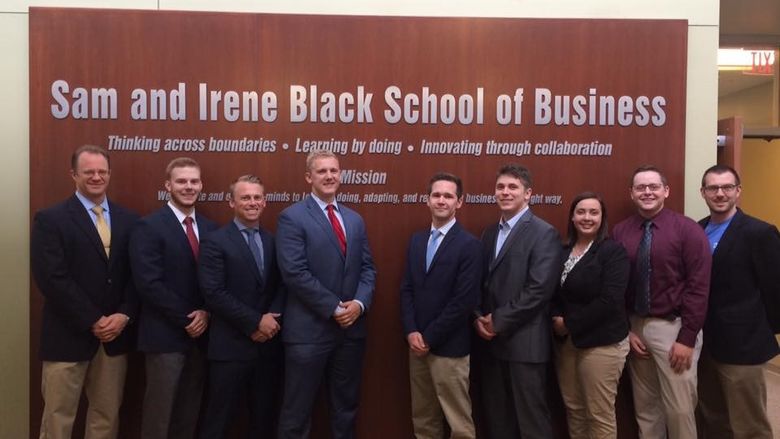 Financial Management Association Honor Society, From left, Dr. Jeff Coy, assistant professor of finance and faculty adviser, Nicholas Findley, Andrew Hoverson, Jason Pettner, Max Morrow, Ethan Moody, Catherine Brooks, Nolan Pike, and Phil Stuczynski, lecturer in business and faculty adviser