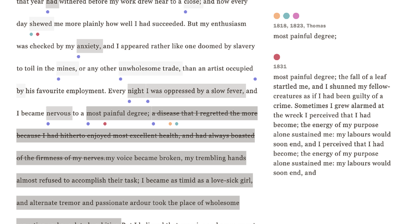 A passage of text from the "Frankenstein Variorum," which compares five different versions of the classic novel.