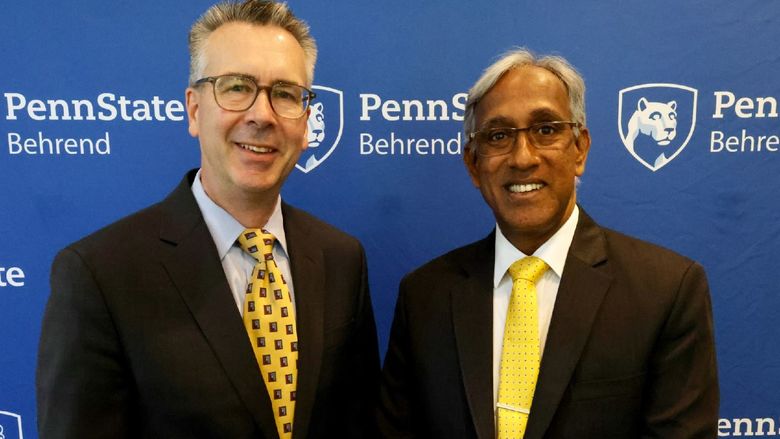 Penn State Behrend Chancellor Ralph Ford poses with GITAM Pro Vice Chancellor KNS Acharya.