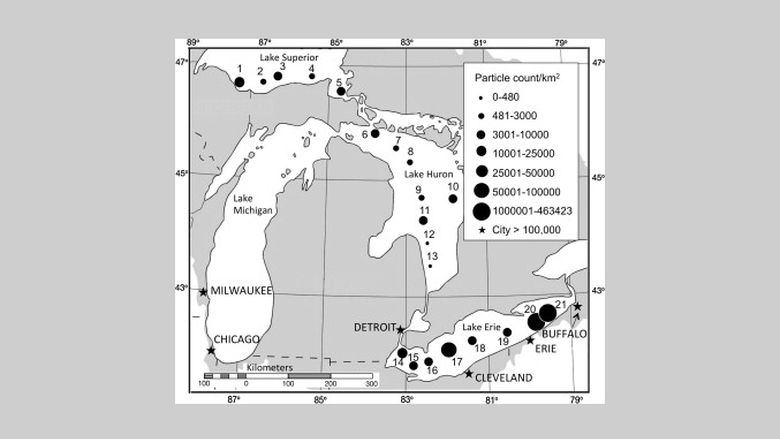 Map of Great Lakes shows count of plastic particles at sites where samples were taken.