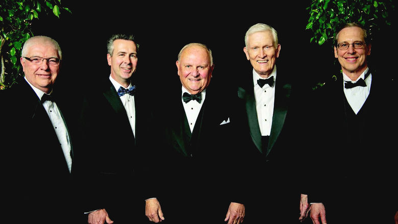 Tom Hagen, center, is flanked by Chancellor Ralph Ford, left, and former campus leaders, from left, Dr. Jack Burke, Dr. John Lilley, and Dr. Don Birx