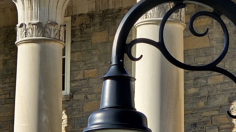 A hawk sits on top of a lamppost in front of Old Main
