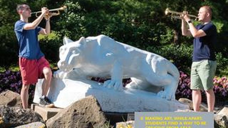 H&SS News - 2020 Cover with trumpet players Frank Corso ’20 and Joey Forish performing at the Lion Shrine