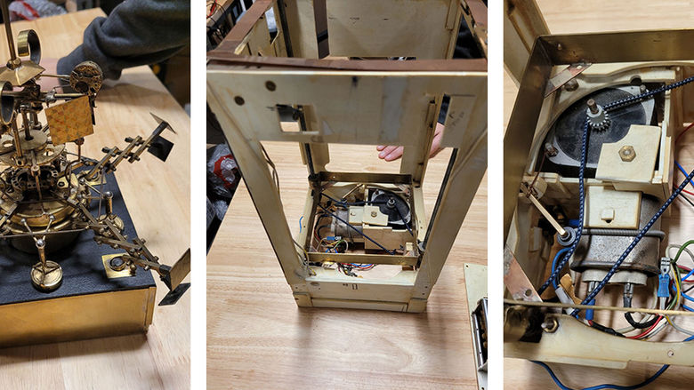 Three photos of Joe the Box in stages of repair