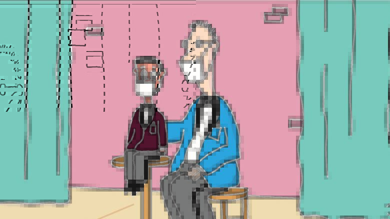 A cartoon of a ventriloquist with his mannequin, both wearing facemasks.