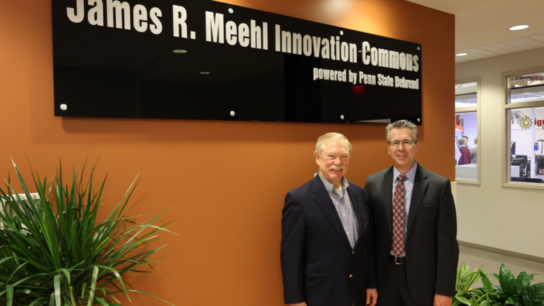 Dave Meehl, son of the late James R. Meehl, joined Penn State Behrend Chancellor Ralph Ford for the dedication of the James R. Meehl Innovation Commons, a product design and prototyping lab.