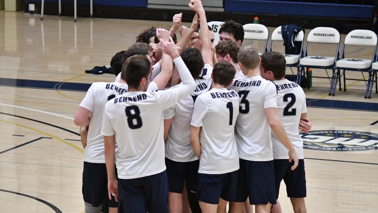 Members of the Penn State Behrend men's volleyball team celebrate in a huddle after winning a point.