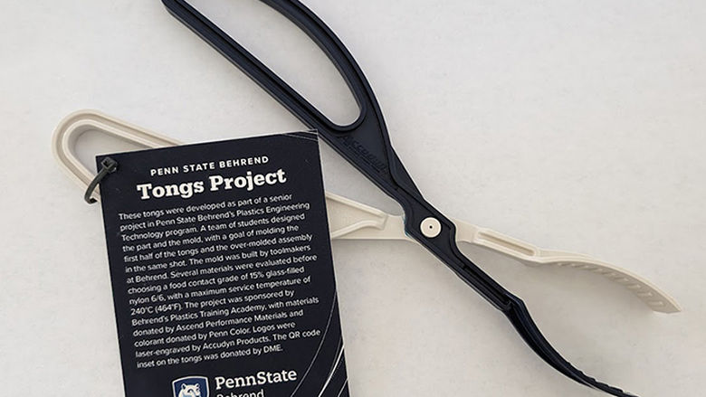 Tongs created by students in Behrend's plastics program