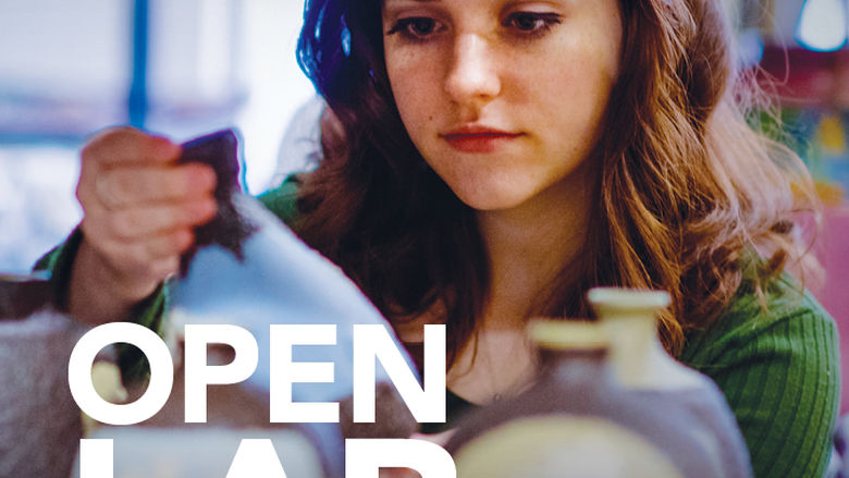 A female student handles pottery with the words Open Lab superimposed.