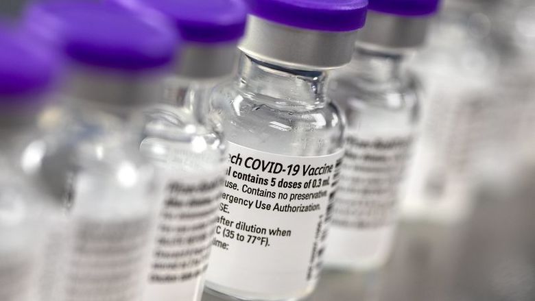 A row of vials containing COVID-19 vaccine.