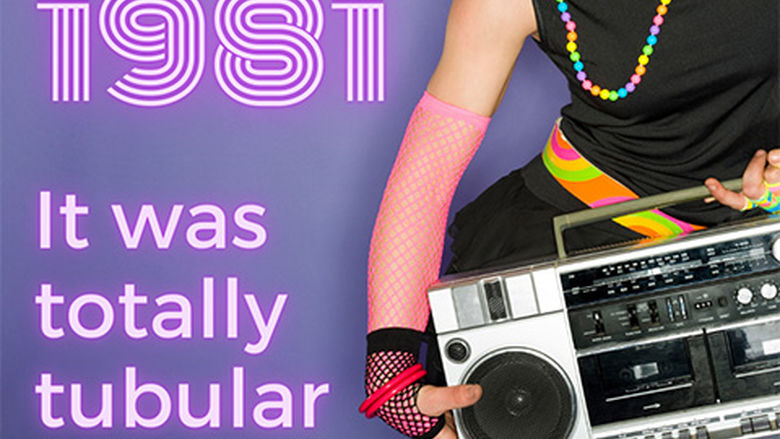 Photo of girl with boombox and text