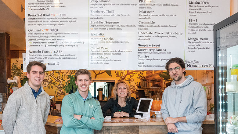 Black School of Business students, Michael Paul, Brad Dalton, and Jonas Bruno participated in an Innovation Through Collaboration project this summer. The trio helped Holly McMaster, owner of The Juice Jar in Erie, come up with solutions for some of her business challenges.