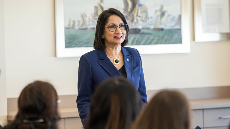 Penn State President-elect Neeli Bendapudi talks with student leaders at Penn State Behrend.