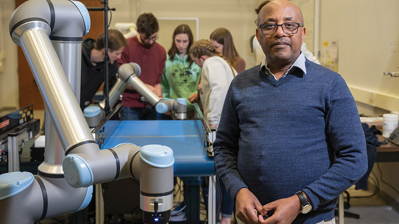 Dr. Yohannes Haile in the new Prischak Robotics and Automation Lab.
