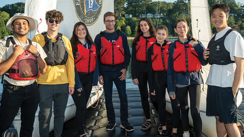 Members of the Penn State Behrend Sailing Club gather before practice. The club welcomes all students from experienced to novice.