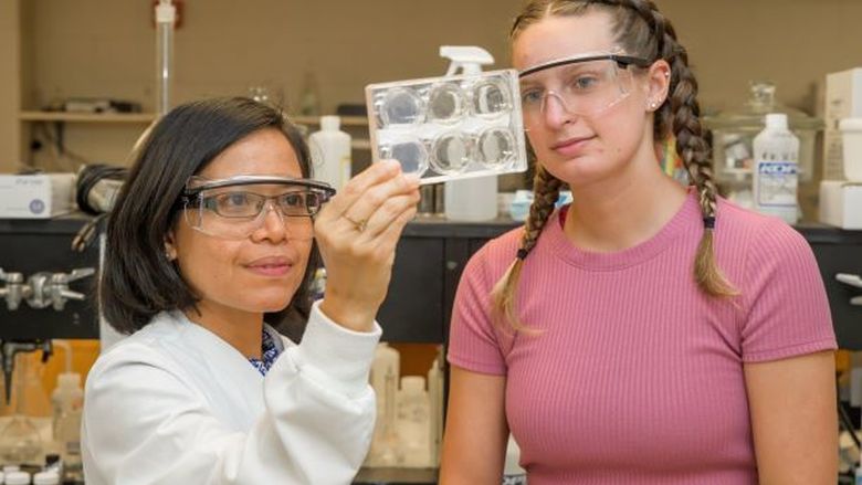 Penn State Behrend faculty member Mary Grace Galinato works with a student in a chemistry lab.