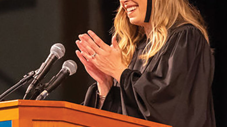 Mary (Good) Lawrence, pictured here giving the college’s 2019 spring commencement speech, was recently chosen to receive the Behrend Distinguished Alumni Achievement Award.