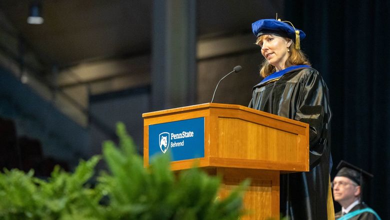 Charisse Nixon, professor of psychology, gives the commencement address at Penn State Behrend's spring 2022 commencement program.