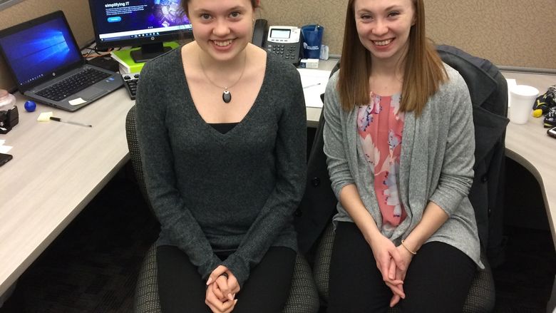 Rachael Pudimat, left, with Bridget Jenkins ’16 at All Lines Technology in Pittsburgh.