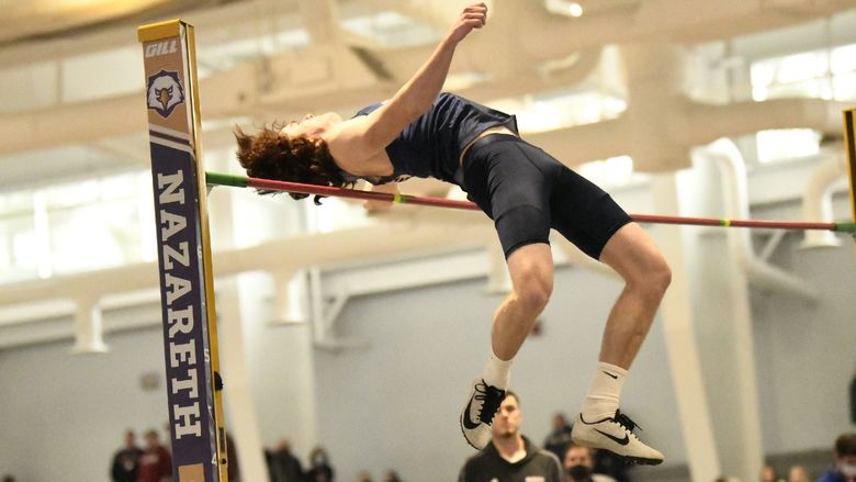 Penn State Behrend high-jumper Samuel Hetrick clears the bar during a track-and-field meet.