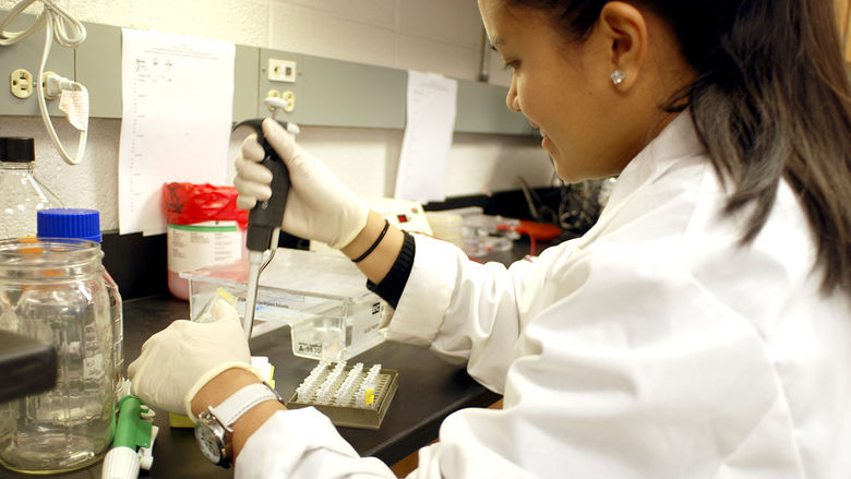 A student works in a bio research lab at Behrend